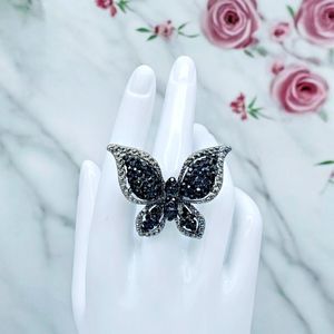Butterfly Statement Ring Vintage Black Rhinestone Insect Glam Costume Jewelry